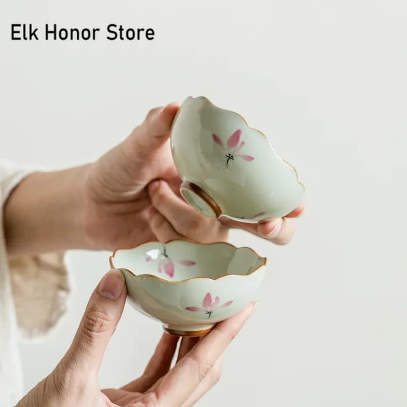 2pc/set Pure Hand-painted Pink Orchid Ceramic Teacup Creative Lotus Master Cup Personal Puer Tea Bowl Set of Cup Kung Fu Teaware