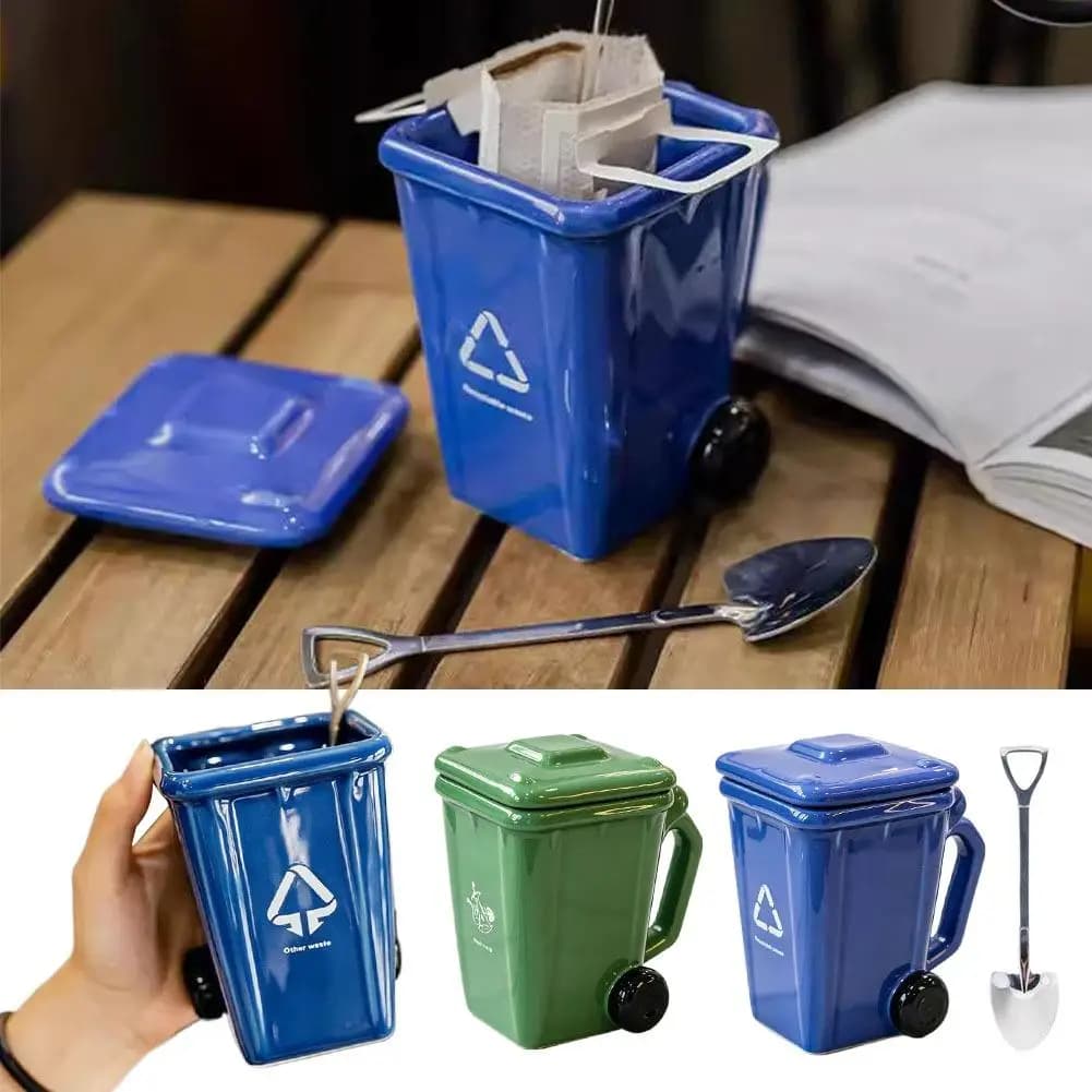 Creative Trash Can Shaped Ceramic Mug With Lid Mini Shovel Spoon Funny Novelty Coffee Tea Cup Interesting Home Office Drinkware
