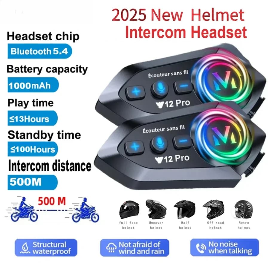 Interfono per Casco Moto Y12 Pro con Doppio Microfono, Chiamate Wireless a Mani Libere, Impermeabile, Lettore Musicale, Altoparlante, Radio FM, Auricolare