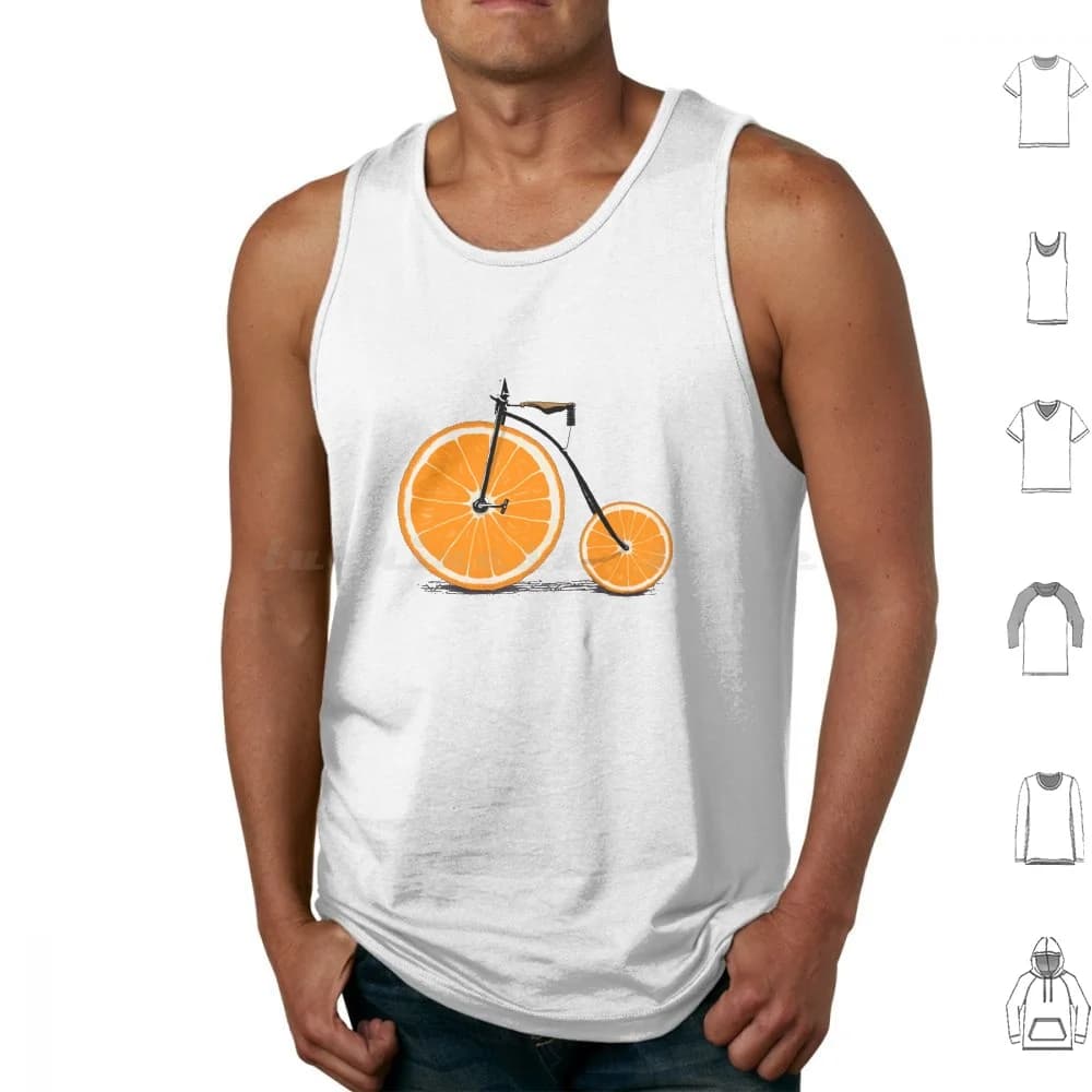 Canotte vitamine Stampa cotone Design grafico Cibo Vintage Bike Cycle Penny Farthing Wheels Bicicletta Frutta Arancione Penny