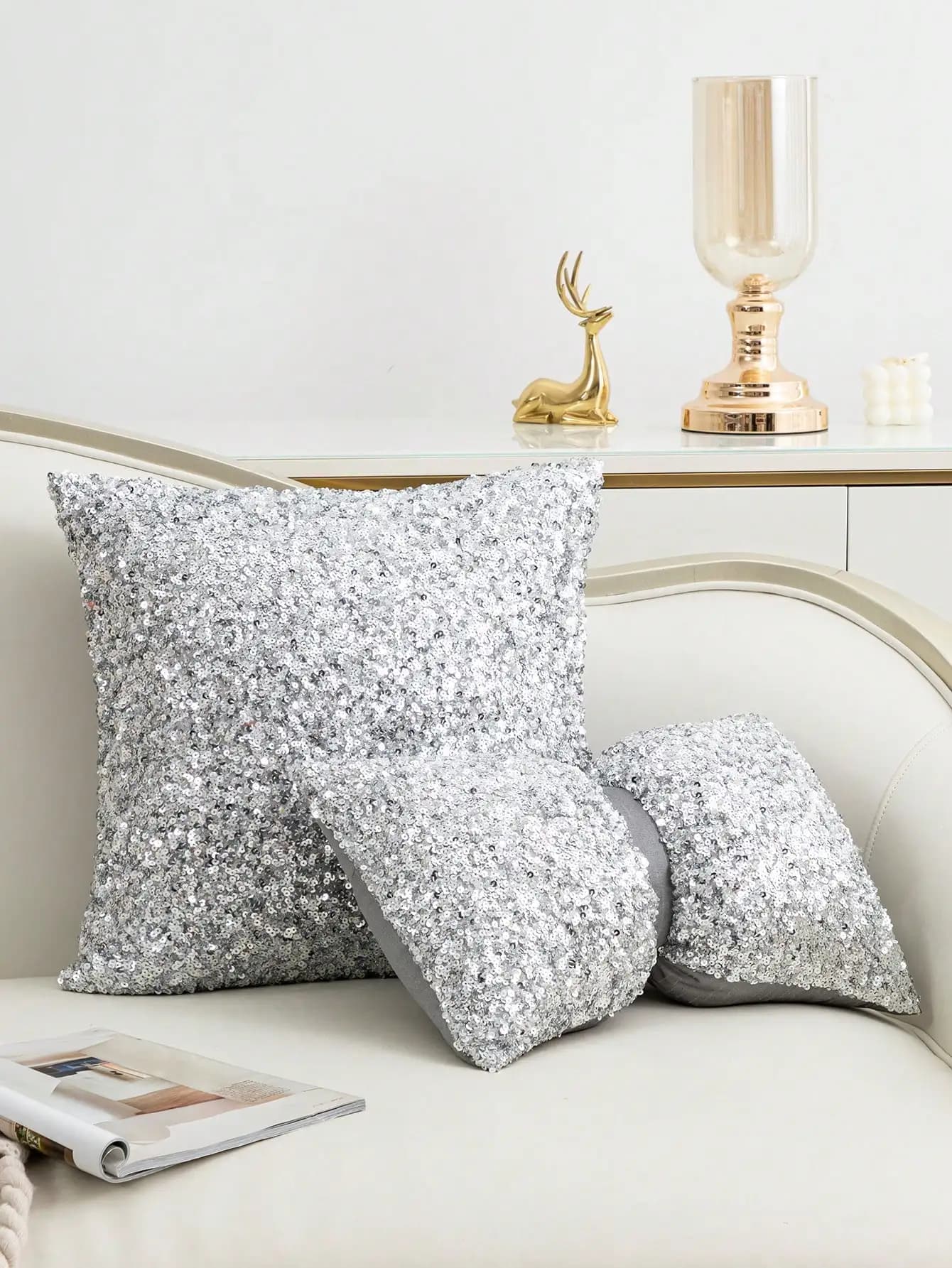 1 pillow lining with silver sequins and lumbar cushion lining, suitable for weddings, Christmas and other festive occasions