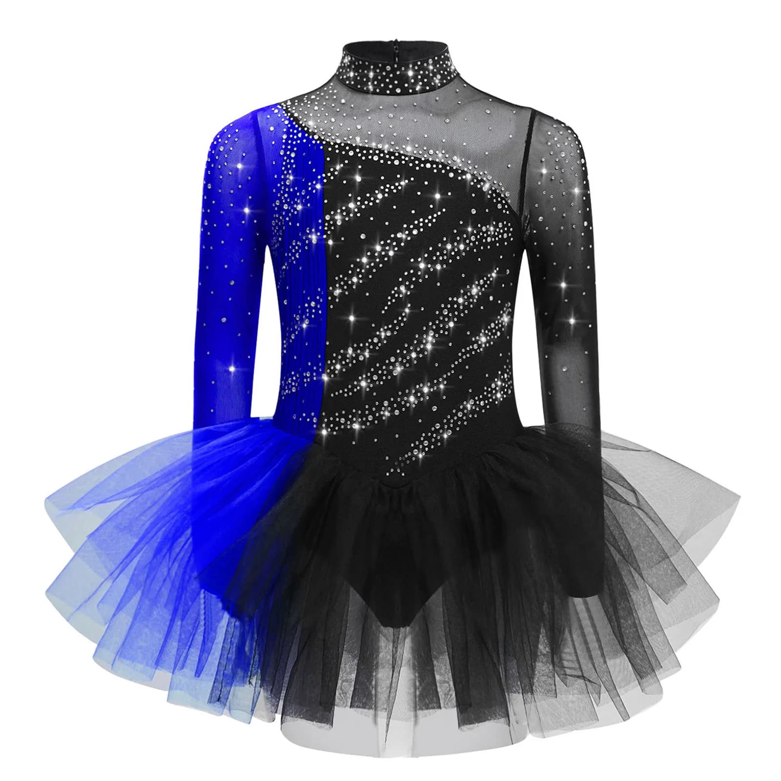 Vestito da ballo di pattinaggio di figura per ragazze Vestito da body da ginnastica per balletto Maniche lunghe Strass Maglia in tulle Costumi da spettacolo
