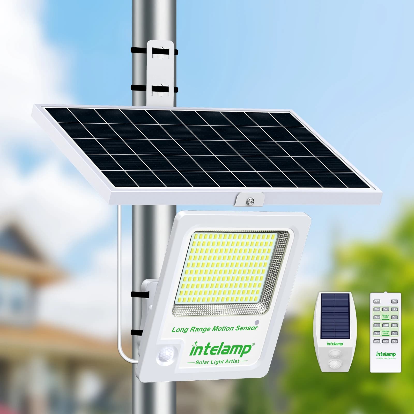 intelamp 12000mah 3000LM Outdoor Solar Light With Larger Solar Panel Two Motion Sensors Floodlight High Brightness For Garden