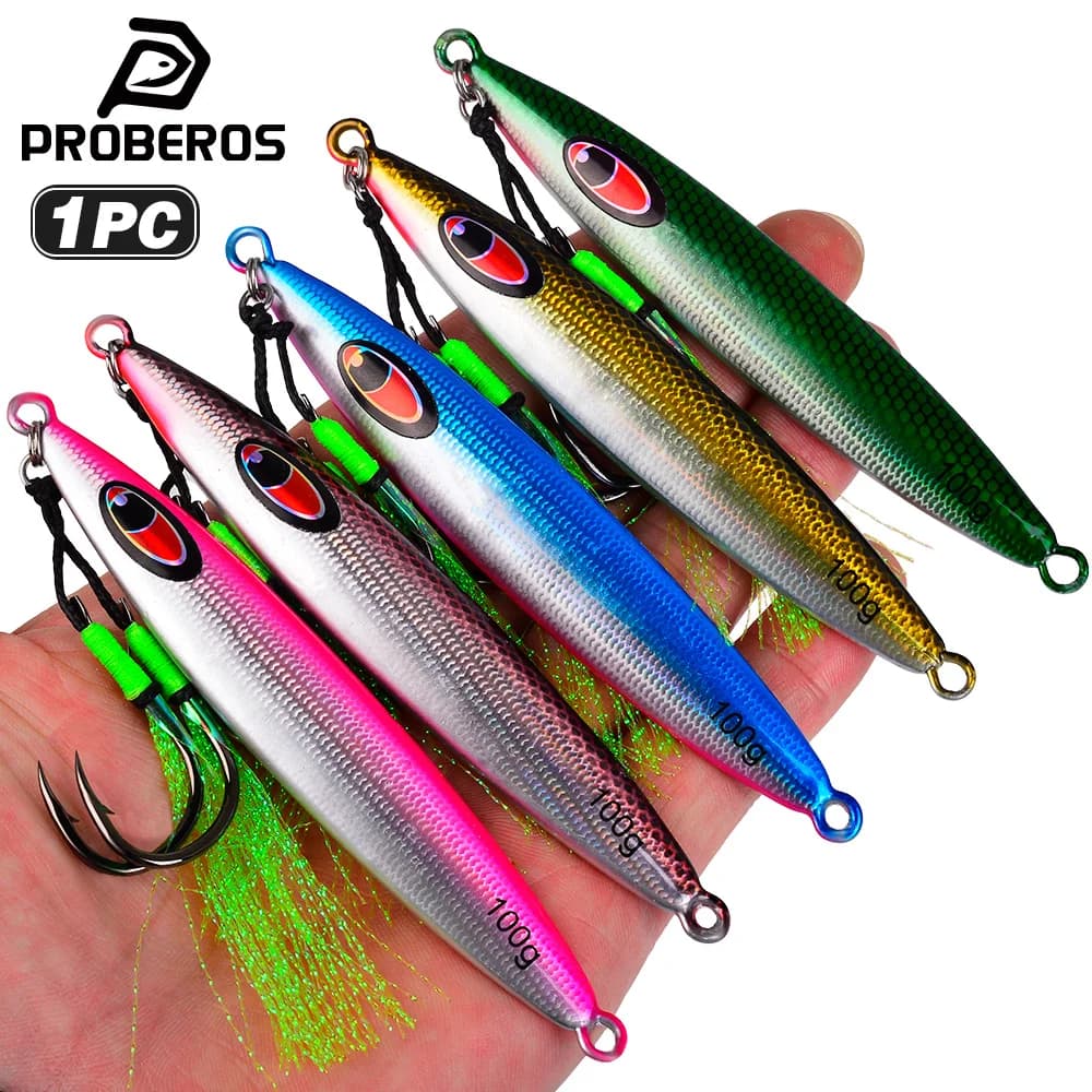 PROBEROS Esche artificiali biomimetiche 3D a affondamento rapido 20-100g, ami artificiali, esche rigide in lamiera di ferro, 1 pezzo, attrezzatura da pesca per spigole in acqua salata