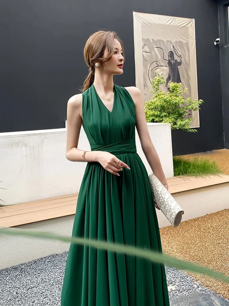 Elegant Green Evening Dress Neck Hanging Style Fashionable Mid-Waist A-Line Skirt Long Dress for Women Party Wedding Performance