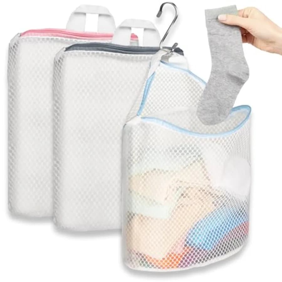 Sacchetti per bucato appesi per calzini con ganci a S, sacchetti per bucato in rete da 12 x 10 pollici in 3 colori per lavatrice
