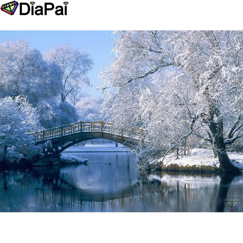 DIAPAI Art 5D Diy Diamond Painting "Bridge snow scenery" Diamond Pictures Cross Stitch 3D Rhinestone Embroidery Decor A26642