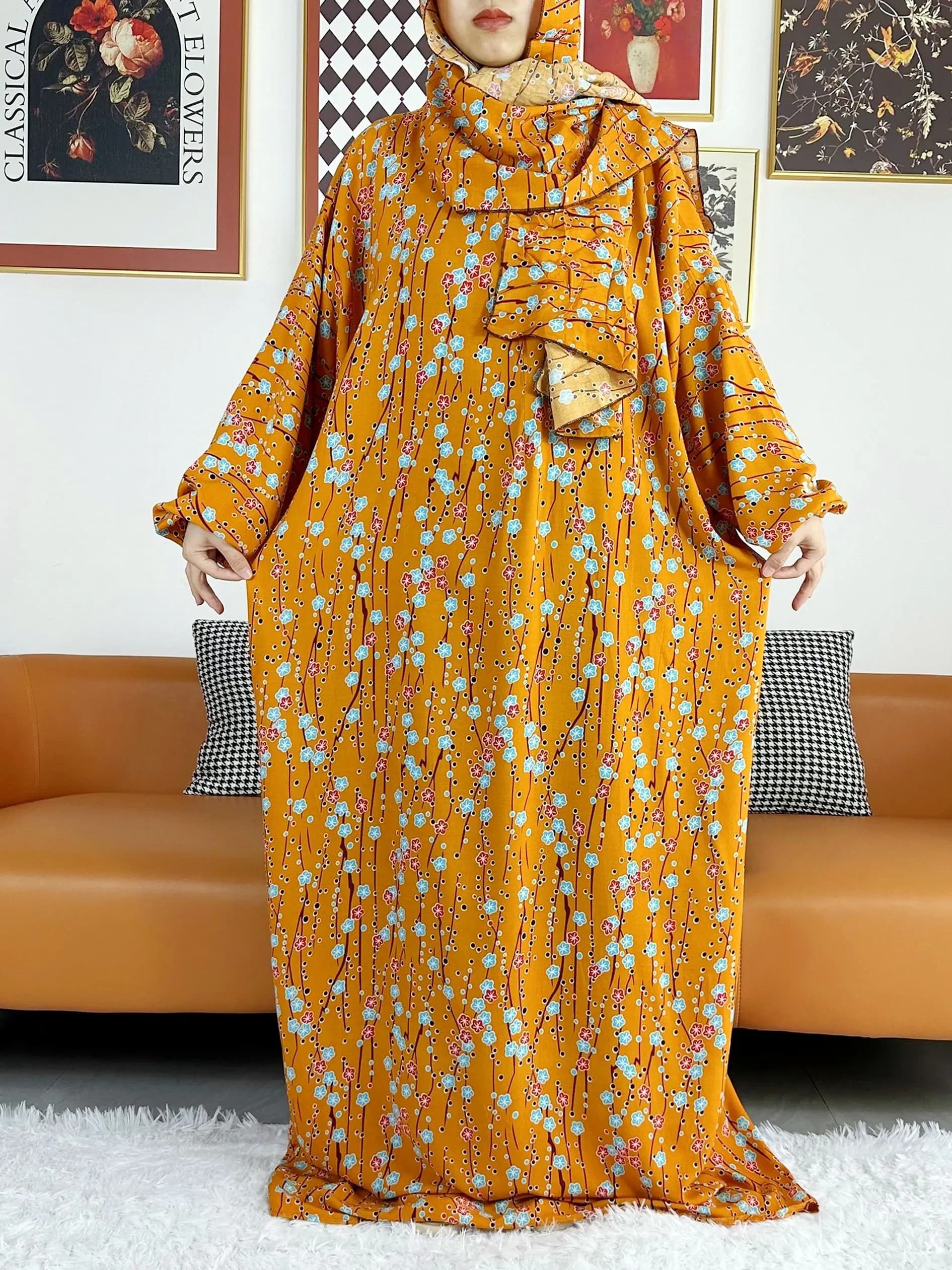 2025 Muslim Women Hooded Abaya Turkey-African Cotton Prayer Garment Kaftan With Hijab Floral Prints Dubai Saudi Robe In Ramadan