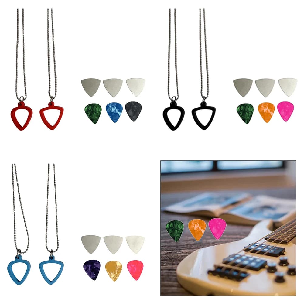 Porta plettro per chitarra Collana di stoccaggio per plettri per chitarra con 3 plettri in acciaio inossidabile 3 plettri in celluloide colorati per chitarra elettrica basso