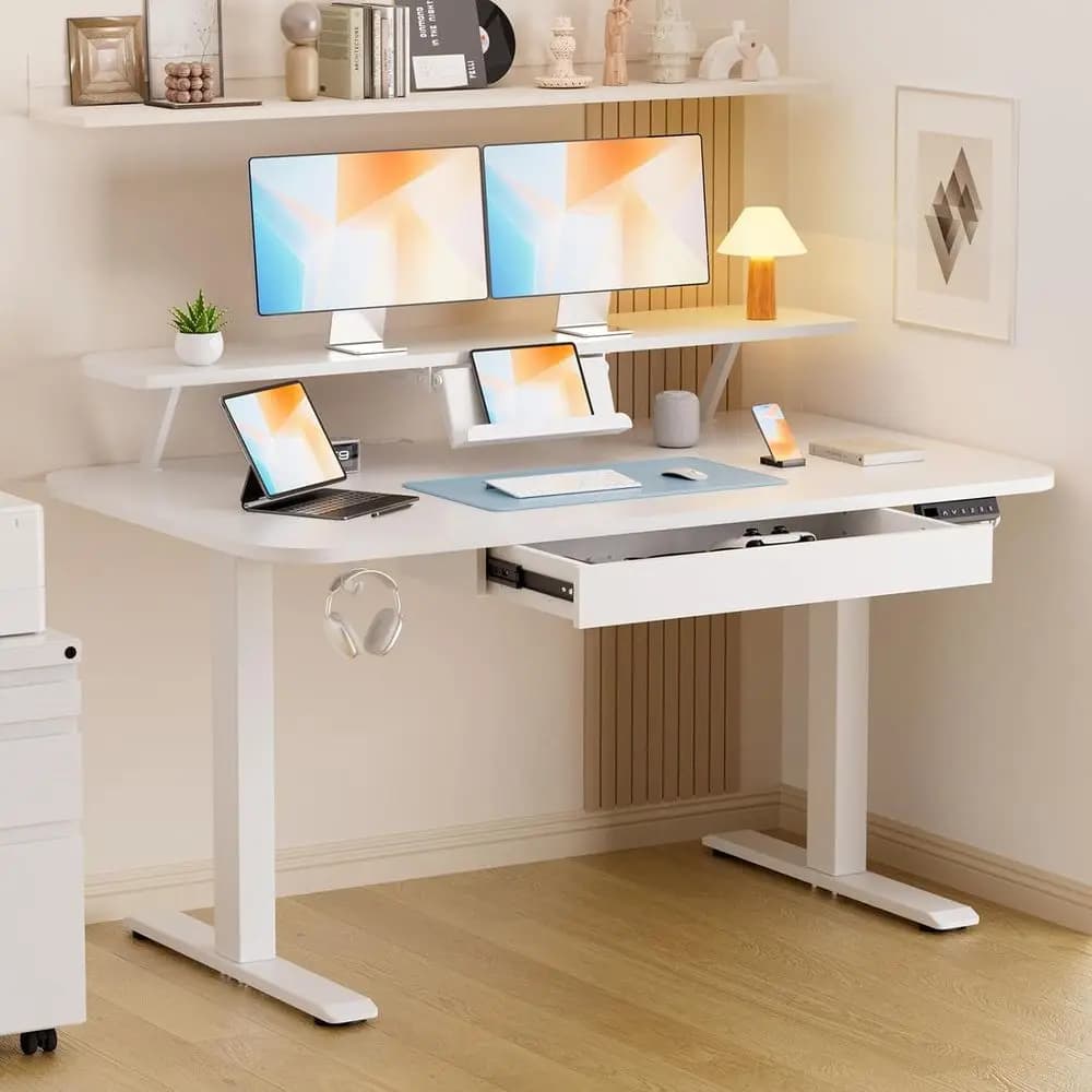 Scrivania Regolabile in Altezza 48x24 con Supporto per Monitor e Laptop, Impostazioni Memorizzabili, per Casa o Ufficio, Bianca