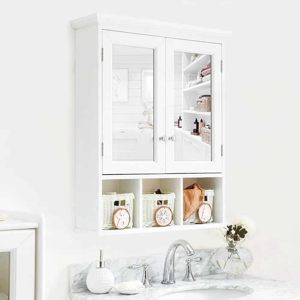 Armadietto dei medicinali, organizer da bagno, mobiletto da bagno a parete con specchio con 2 ripiani regolabili e 3 cestini portaoggetti