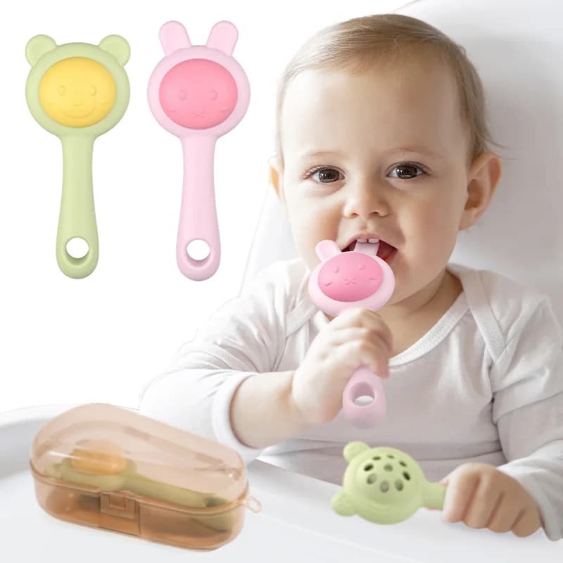 Giocattoli a sonaglio per bambini per 0-12M massaggiagengive in Silicone senza BPA con scatola di immagazzinaggio giocattoli per la dentizione del coniglio infantile gengive doloranti giocattolo da masticare lenitivo