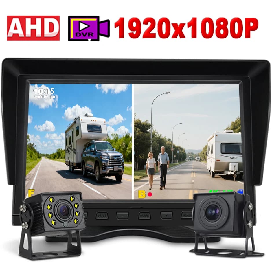 10.1 "2CH AHD DVR Monitor 1080P Vehicles Double Back Camera Backup with 12/24V registration for RV Bus Truck Front/Rear
