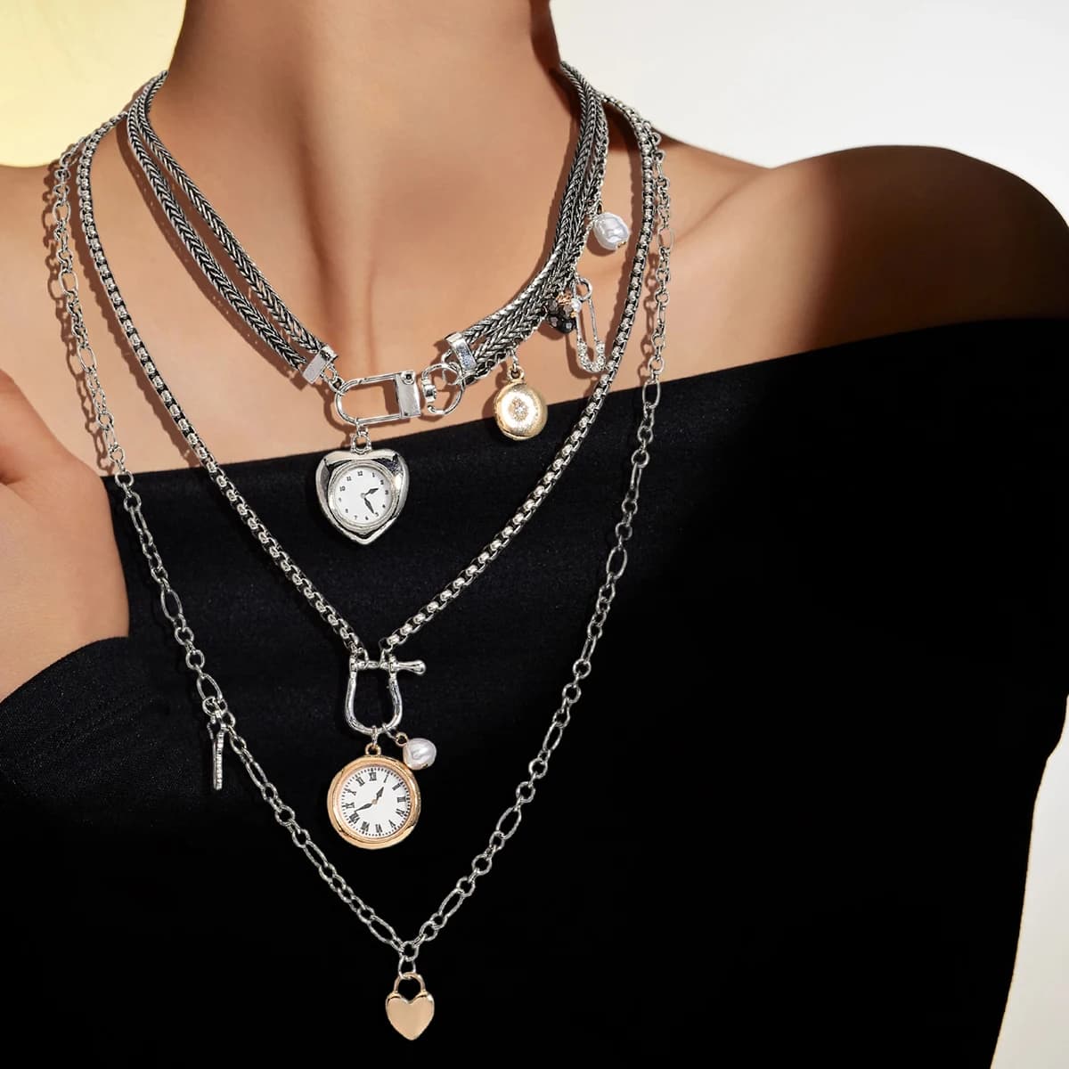 3Pcs/Set New Alloy Pocket Watch Key Heart Pendant Necklace Multi-layer Handmade Bohemian Irregular Necklace