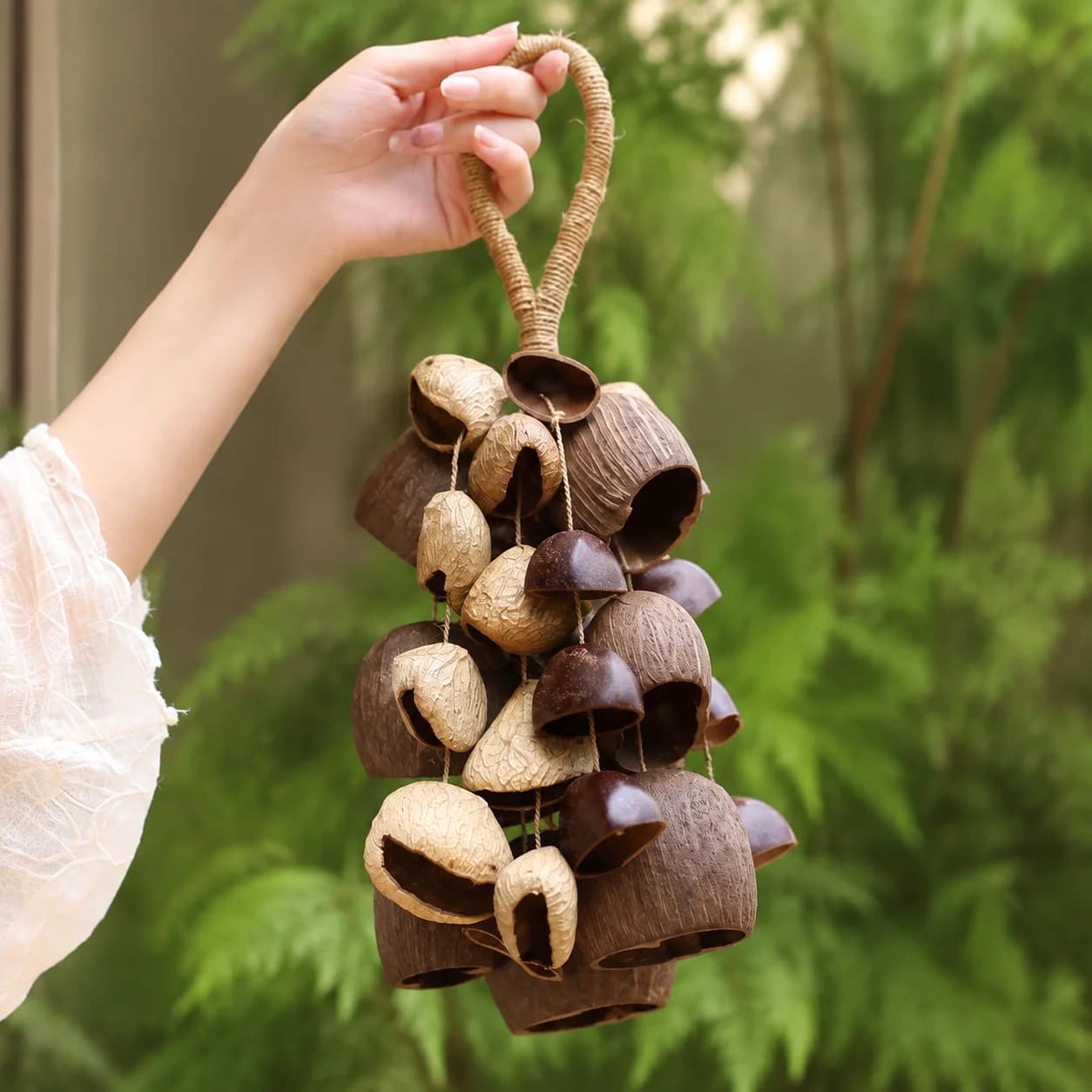 Handmade Shell Wind Chime Rattle Hanging Coconut Bell Shaker Natural Seed Pod Musical Instrument Yoga Meditation Home Decor