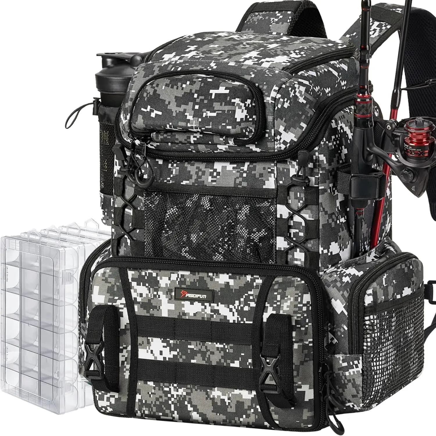 42 Liters Waterproof Fishing Backpack with Candle Holder and 4 Boxes for Equipment, Durable Outdoor Equipment for Boat Excursions and Fishing