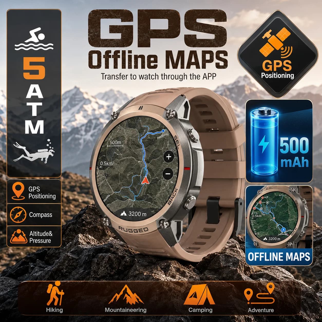 LIGE New GPS Offline Map Smart Watch 1.43''AMOLED Display Outdoor Compass Altimeter 170+Sport Modes Waterproof 500mAh Smartwatch