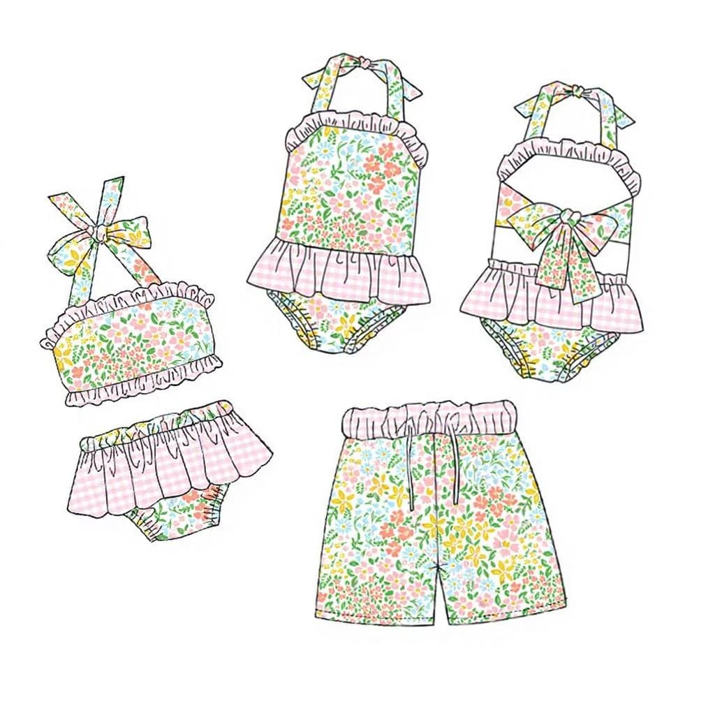 Wholesale Floral Swimmies Kids Strappy Ruffle Swimsuit Set One-Piece Swimsuit Boys Swim Trunks Boutique Children's Swimsuits