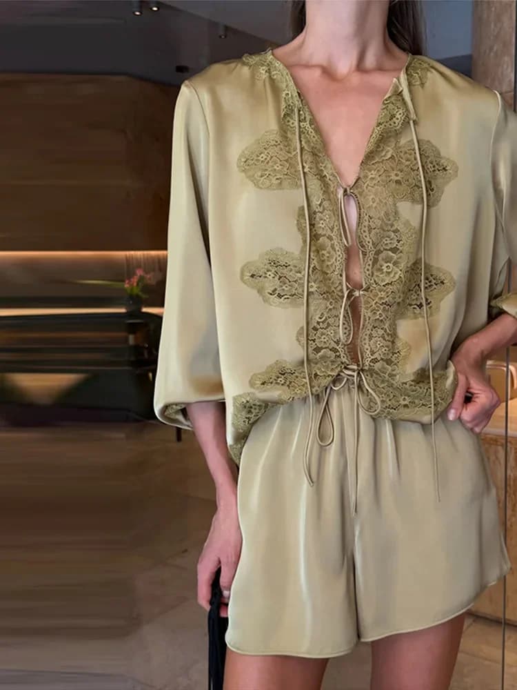 Casual Women's Satin 2 Piece Shorts Set V‑Neck Lace Hollow Lantern Sleeve Shirt Wide Leg Short Pant 2026 Summer Holiday Outfits