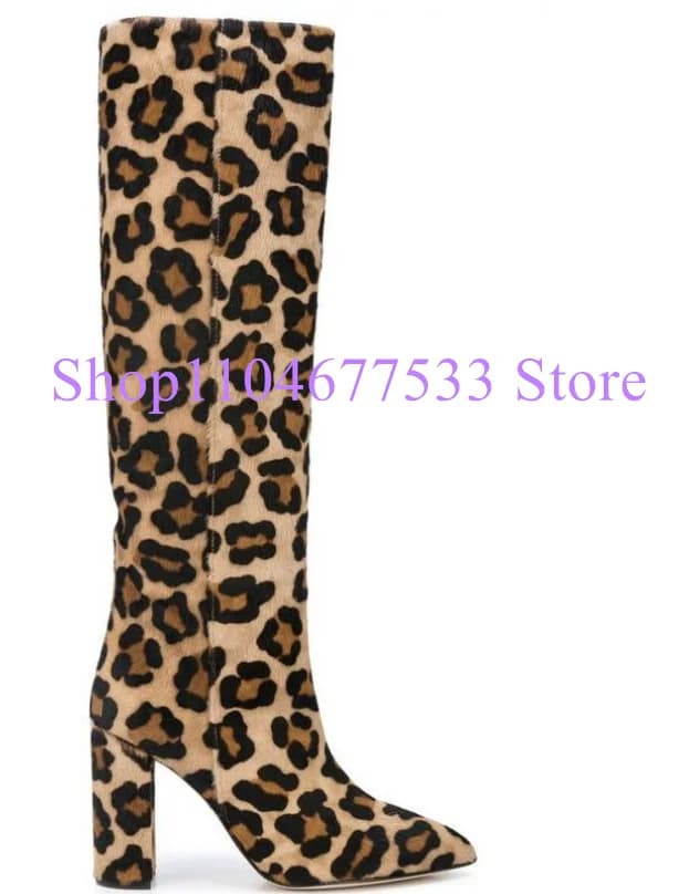 Sexy Leopard Chunky Heel Woman Long Boots Fashion Pointed Toe Thick Heel Lady Knee High Boots Large Size Banquet Dress Shoes