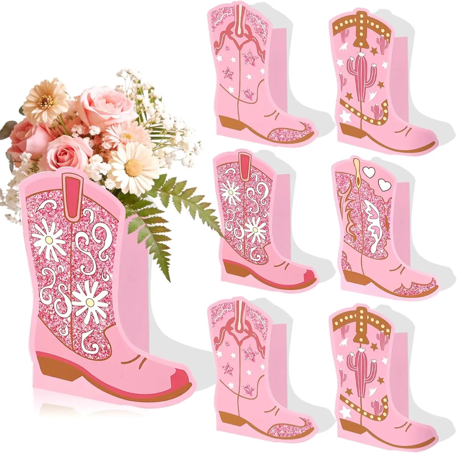 Set di 12 Scatole a Forma di Stivali da Cowgirl Western, Centrotavola Decorativi per Feste, Vasi Rosa a Forma di Stivali da Rodeo