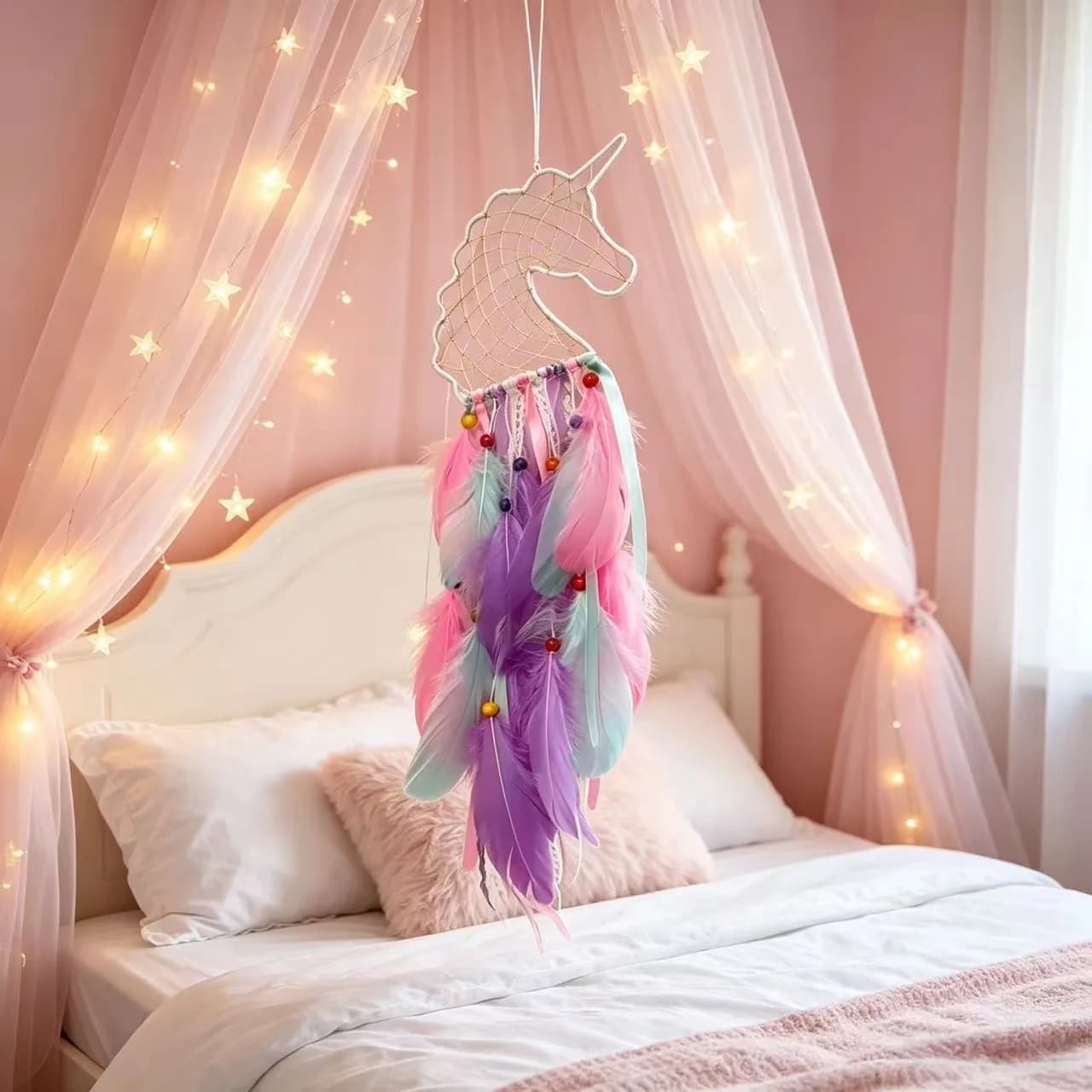 Unicorn Shaped Feather Dream Catcher, Wall Hanging Accessory, Macaron Feather Wind Chime Home Decoration, Preferred Gift.