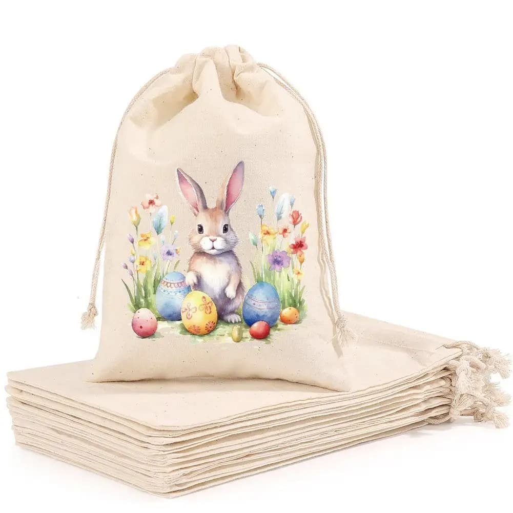 Sacchetti in Cotone con Coulisse a Tema Coniglietto Pasquale, Riutilizzabili, con Stampa Coniglio e Uova, per Feste di Pasqua, Caccia alle Uova, Contenitori per Caramelle, Eco-Friendly