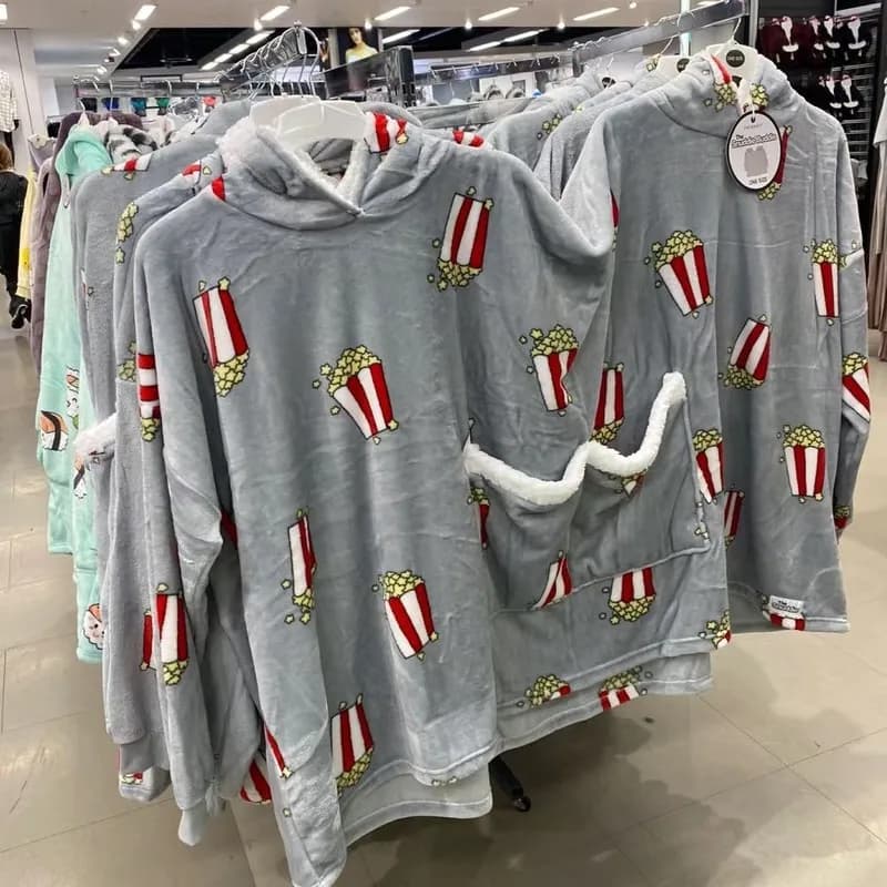 Pigiami creativi per coppie, nuovo stile per l'autunno e l'inverno, felpa con cappuccio foderata in pile, set di abbigliamento per la casa con stampa popcorn