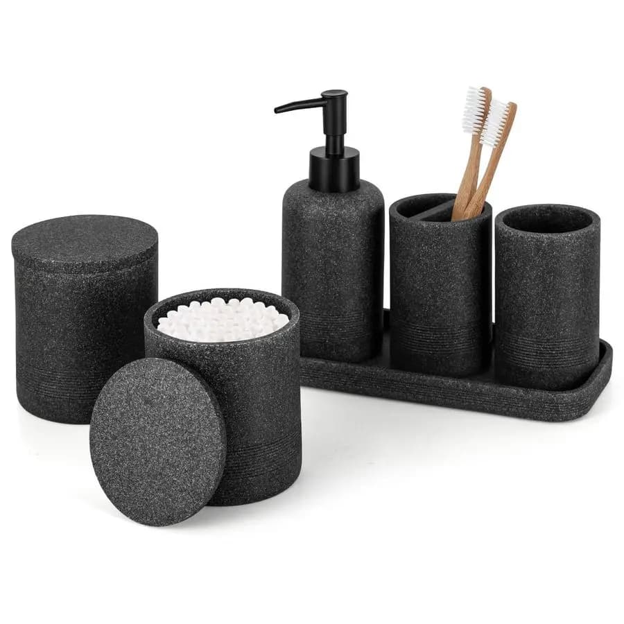 Set di Accessori da Bagno in Pietra Nera 6 Pezzi: Portaspazzolino, Dispenser Lozione, Contenitore per Bastoncini, Vassoio da Toilette, Bicchiere da Appoggio