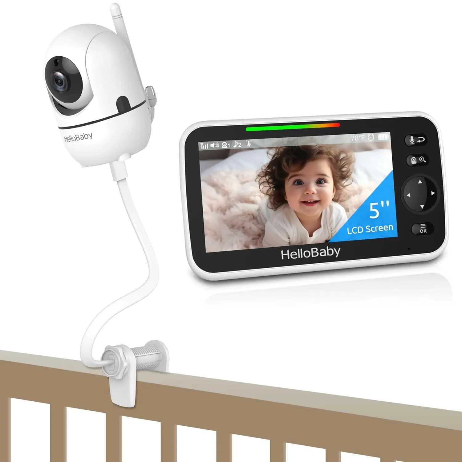 Baby Monitor con Schermo IPS da 5'', Telecamera, Audio, Batteria da 30 Ore, Supporto Flessibile e Braccio a Collo d'Oca Lungo