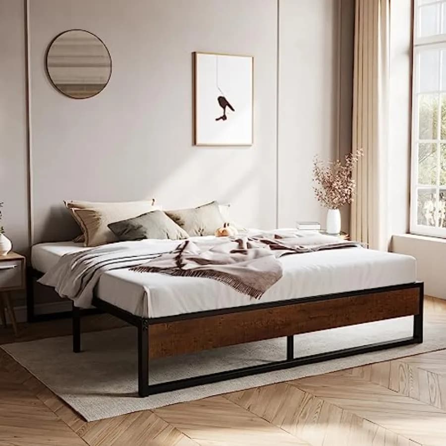 Struttura letto in metallo da 14'' con legno rustico e fori inversi/Ampio spazio contenitivo sotto il letto/Base per materasso/Senza box