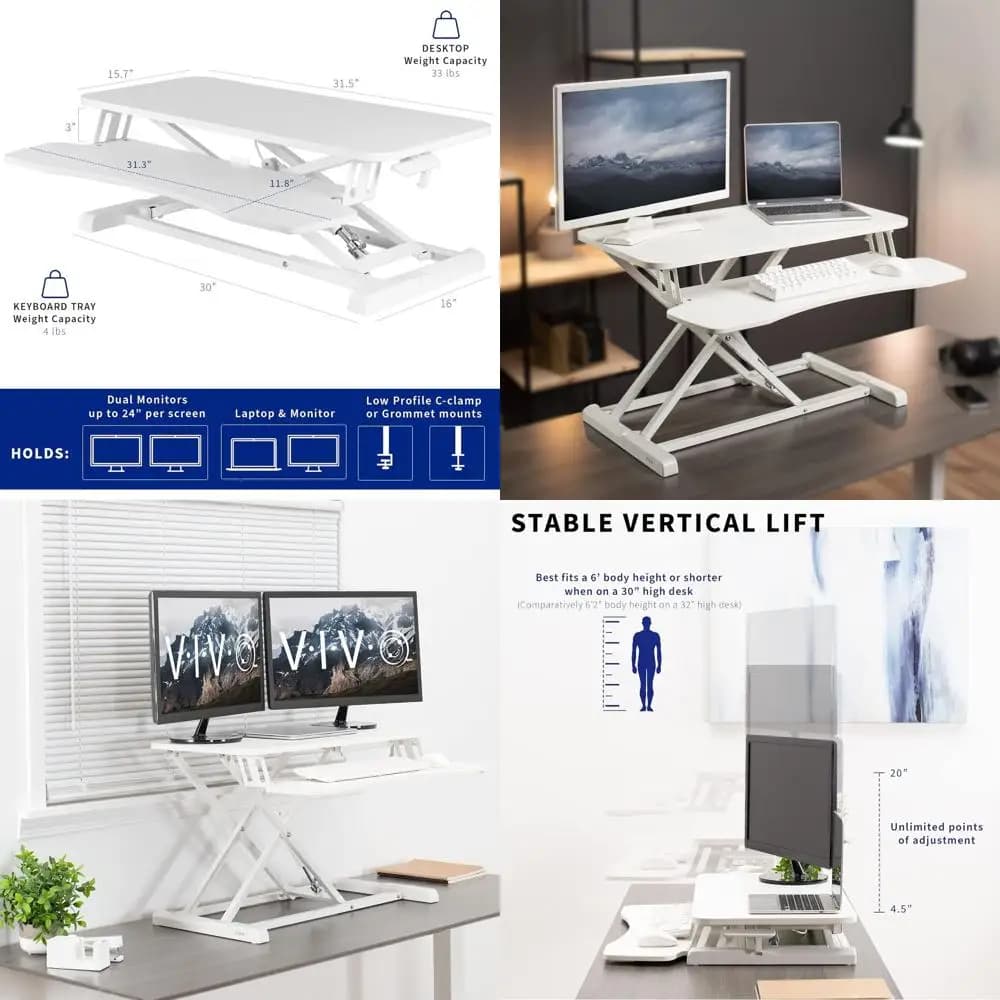 Supporto per 32 monitor doppi regolabile in altezza con ripiano per laptop e ampio vassoio per tastiera, bianco