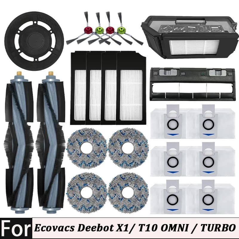 Accessori per Robot Aspirapolvere Ecovacs Deebot X1/ T10 OMNI / TURBO: Panno, Sacchetto Polvere, Filtro HEPA, Spazzola Principale, Spazzola Laterale, Contenitore Polvere