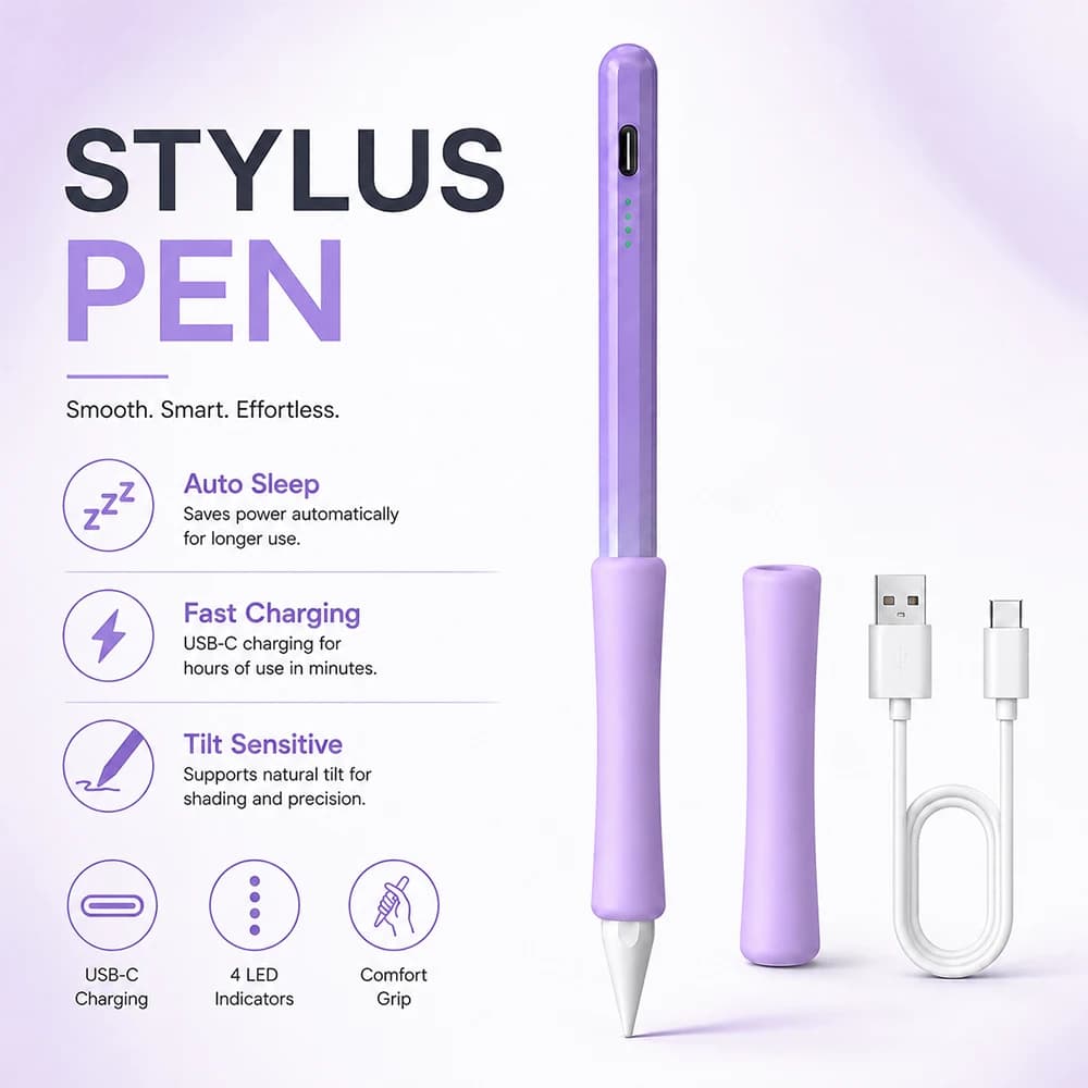 Tilt Sensitive Stylus Pen for iPad, USB-C Fast Charging Auto Sleep Touch Pencil with Silicone Grip Holder Drawing Stylus Pen