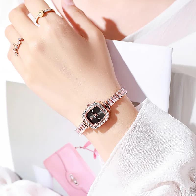 Luxury wrist watch with chain bracelet and colored Zirconia, adjustable, Quartz, for Woman