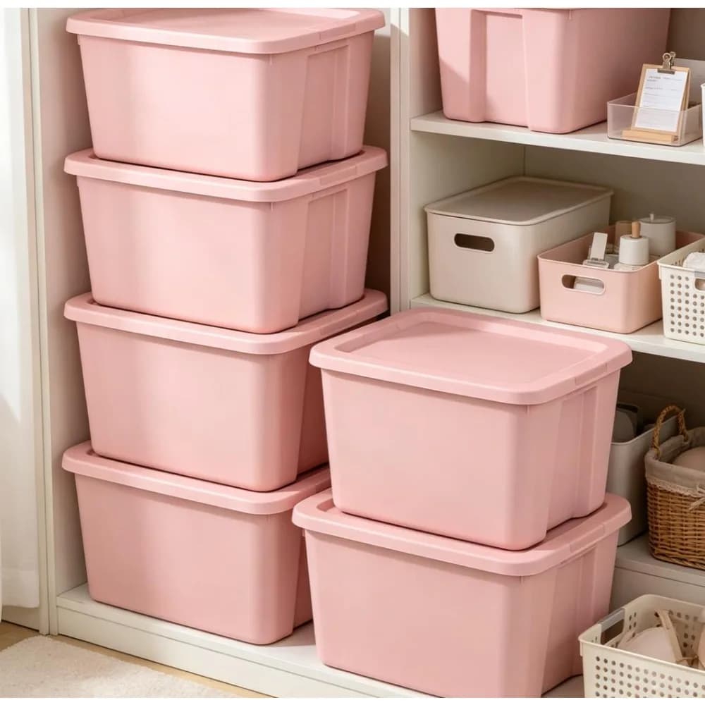18 Gallon Pink Plastic Storage Bin with Snap-On Stackable Lid, BPA Free Textured Handle Large Tote Container for Garage Basement Attic Storage