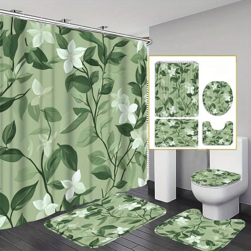 Set da bagno floreale da giardino 4 pezzi: verde chiaro con fiori bianchi, include tappetino da bagno, tappetino a U, copriwater