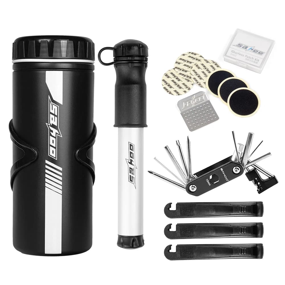 Kit di attrezzi per la riparazione della bici Set di riparazione della bicicletta con Mini pompa 14 in 1 Kit di attrezzi multifunzione custodia per bottiglia per attrezzi da bici da 750ml