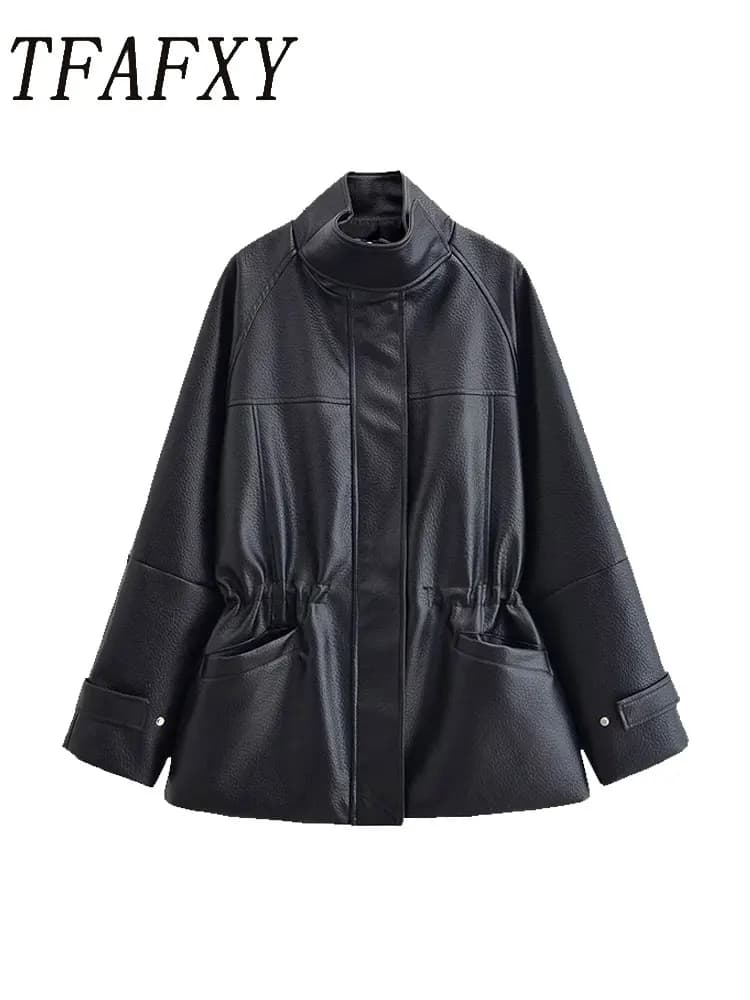 TFAFXY Women Leather Jacket Black Long Sleeve Zippers Pocket Stand Collar Female Coat 2026 Spring Autumn Lady New Outwear Y2K