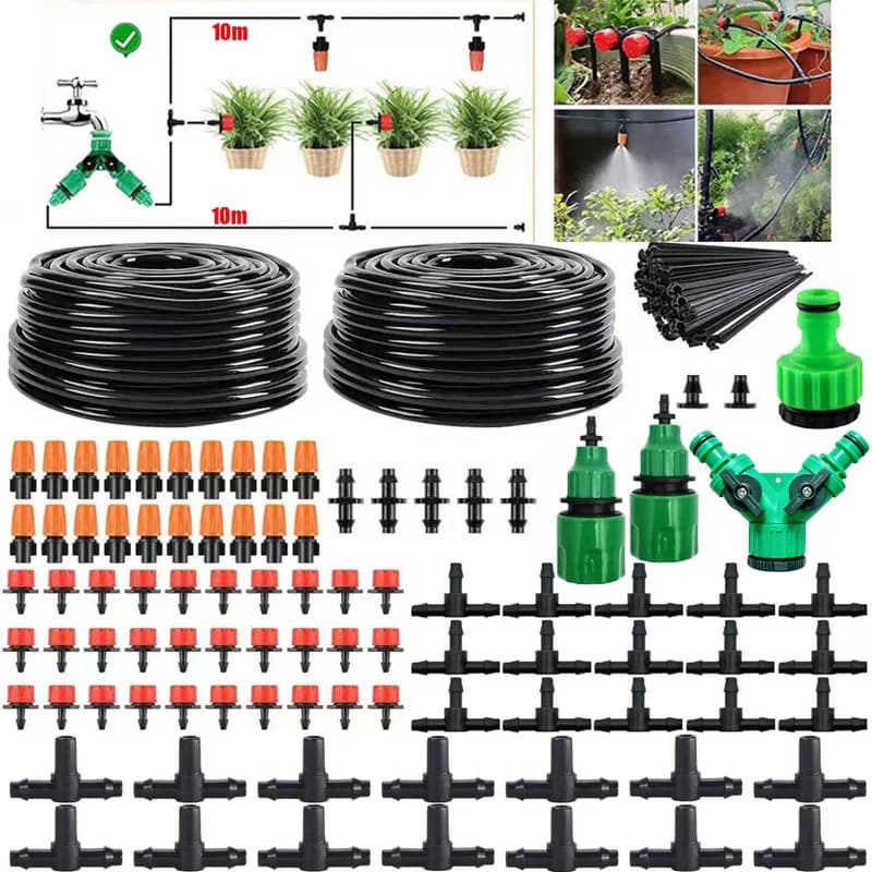 20m/66ft, Garden Drip Irrigation Kit, with 1/4 inch Blank Distribution Tubing Hose Adjustable Patio Misting Nozzle Sprinkler