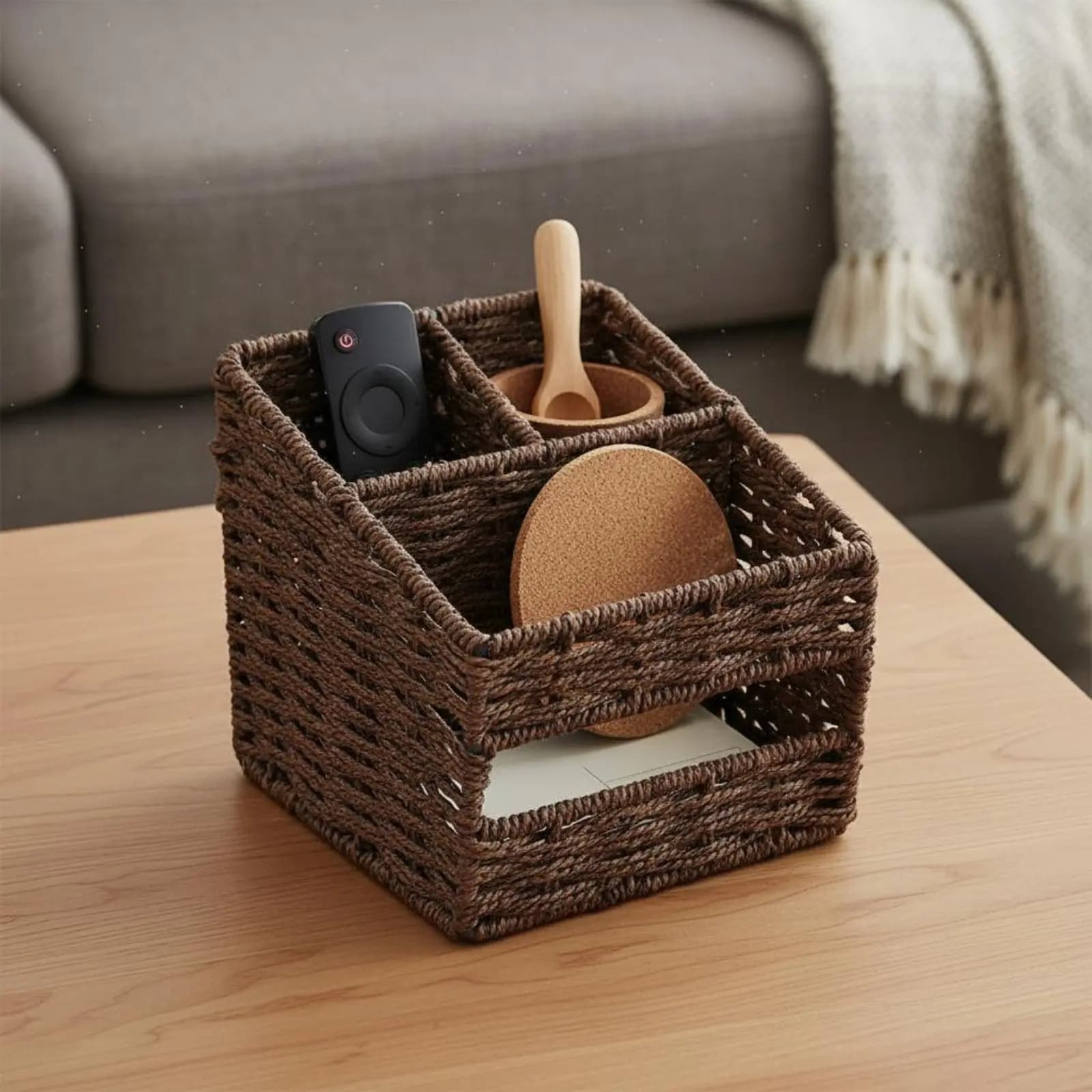 Cesto Intrecciato Multicomparto, Organizzatore da Scrivania Fatto a Mano, Cesto Portaoggetti Decorativo
