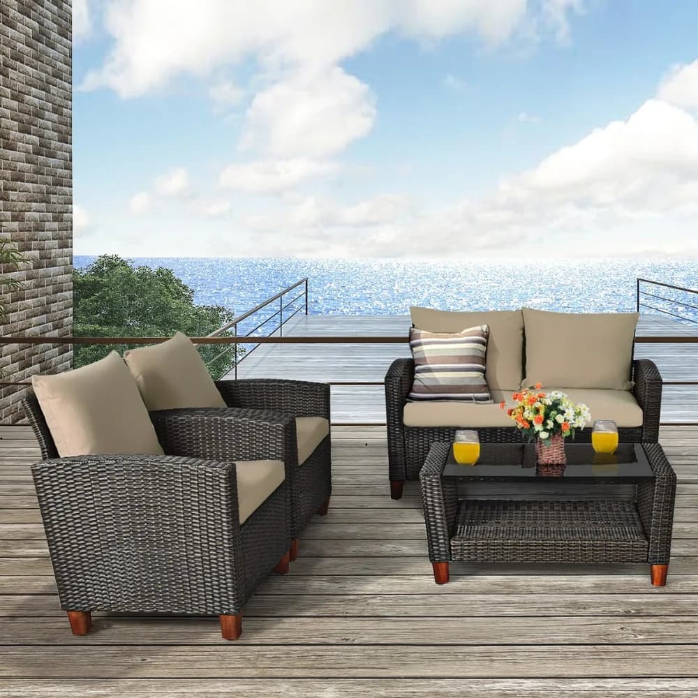 Set di mobili da giardino in rattan da 8 pezzi, con gambe in legno massello, divano imbottito, struttura in acciaio