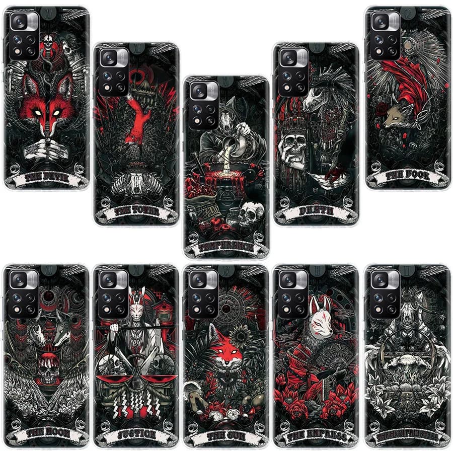 Cover per telefono con carte dei Tarocchi in metallo per Redmi Note 13 12 Pro Plus 14 15 Pro 5G 11 11T 11E 11S 10 Pro 10S 9 9S, custodia trasparente in TPU