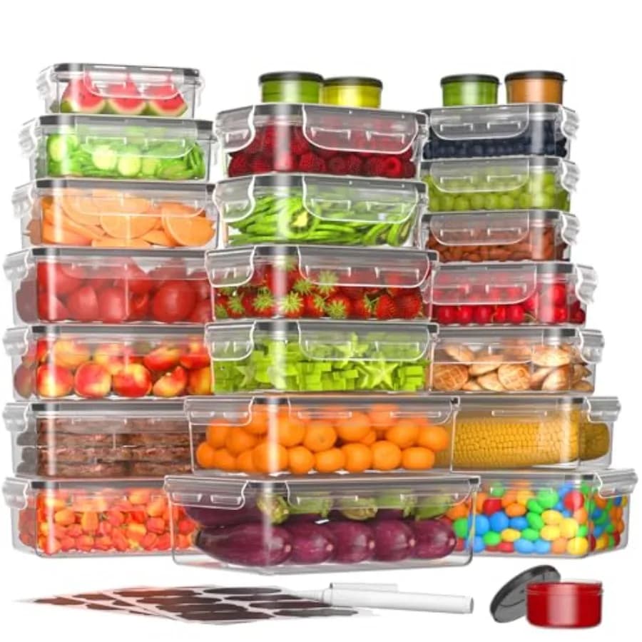 Set di 50 Contenitori per Alimenti con Coperchi, 25 Contenitori e 25 Coperchi, Contenitori in Plastica per Dispensa e Cucina