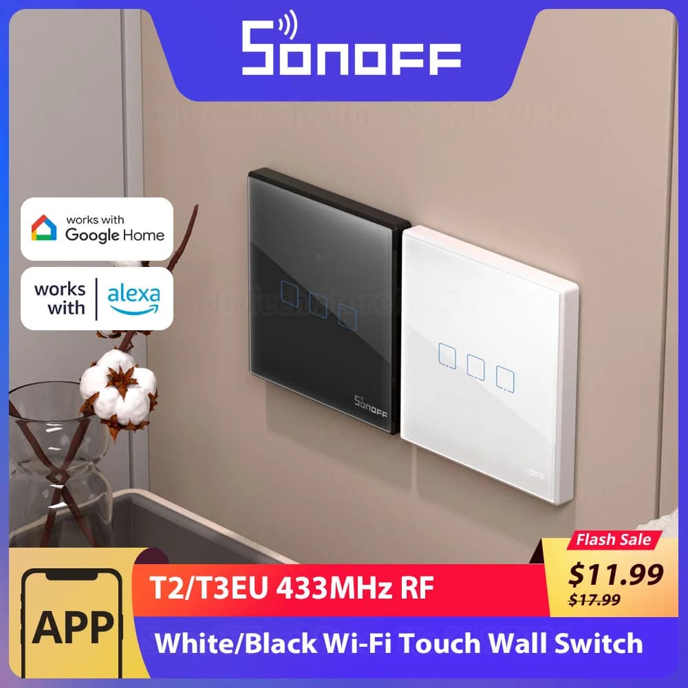 SONOFF T2/T3EU 433Mhz RF WiFi Touch Interruttore a parete Controllo scena intelligente tramite eWeLink Controllo vocale remoto con Alexa Google Home