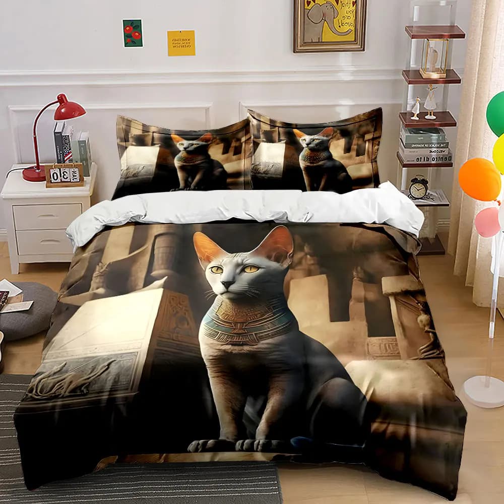 Ancient Egyptian Style Cat Statue Printed Duvet Cover Set1 Duvet Cover+2 PillowcaseMulti Size Bedroom Bedding Decor Luxury gifts