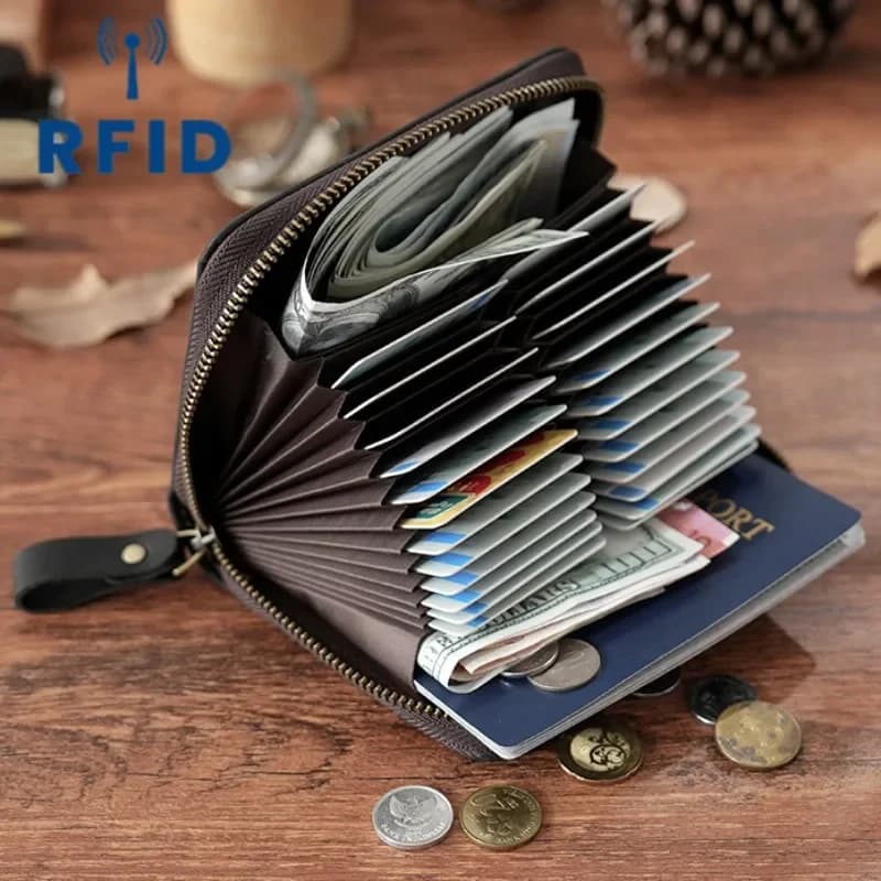 Porta carte di credito in vera pelle di mucca da 24 bit Porta carte di credito Organizer Portafoglio per passaporto Nuovi uomini Porta carte con blocco RFID Portamonete