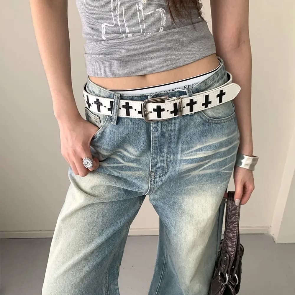 Vintage PU Leather Cross Shaped Belt Spicy Girl Metal Punk Belt Black and White Hip Hop Y2K Belt Jeans Accessories