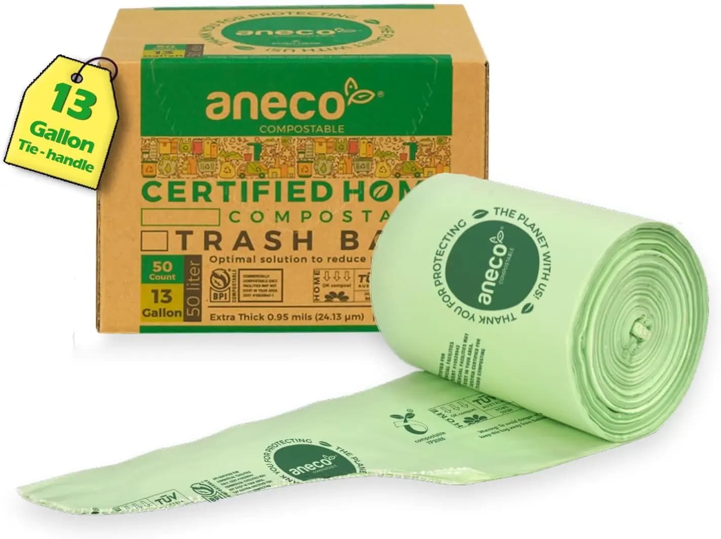 Sacchetti Compostabili per Rifiuti Alimentari da 13 Galloni con Manici per Contenitori Alti da Cucina