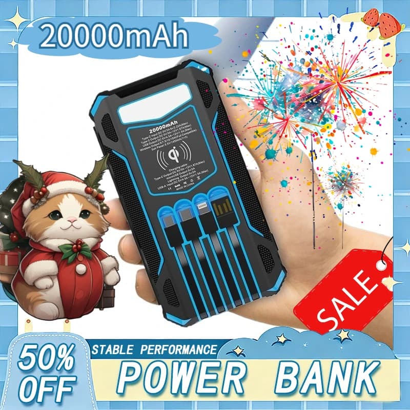 Power Bank Solare Wireless Originale da 20000mAh con Illuminazione LED e 4 Cavi, Powerbank Portatile da Esterno per iPhone 6-17 Samsung